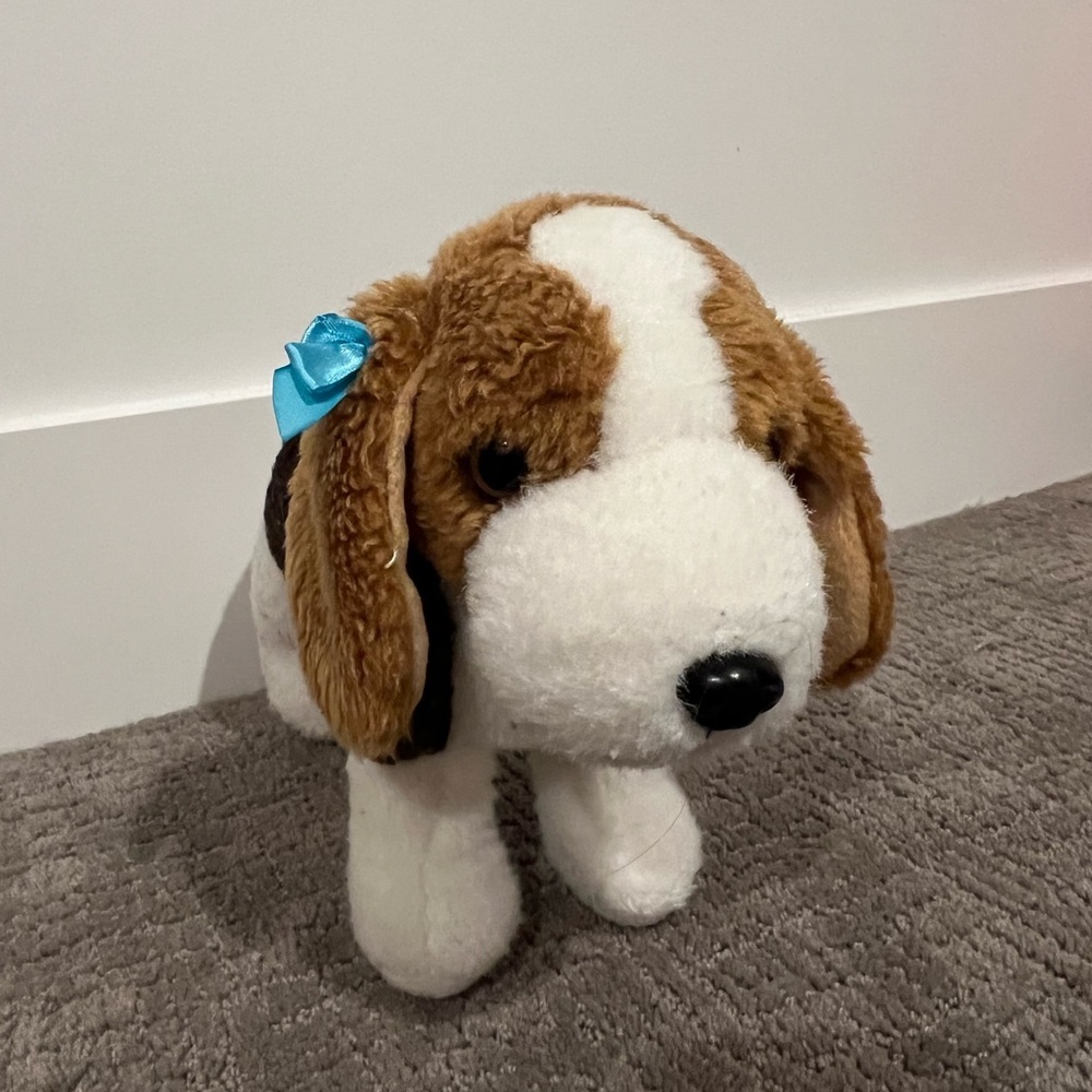 Beagle Puppy Dog Brown and White Plush w/Blue Satin Bow, 10" Long, No Tags